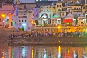 Ghats of Pushkar lake sunset