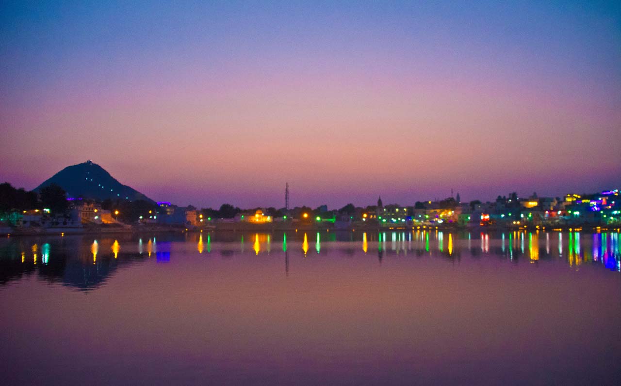 Ghats of Pushkar lake sunset